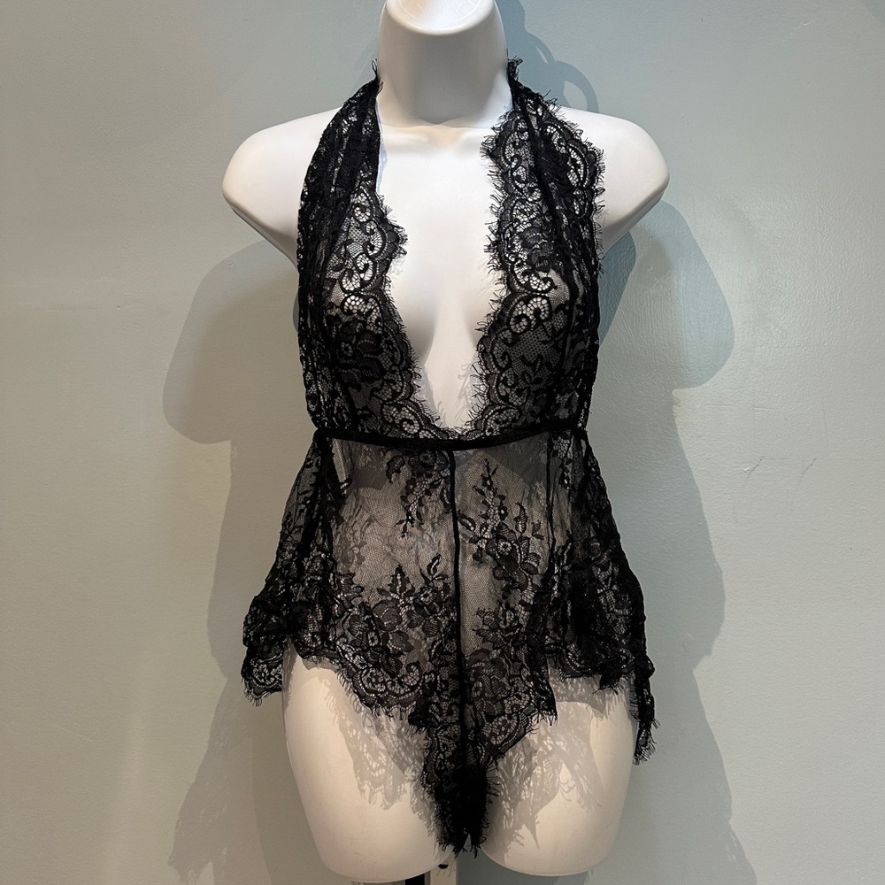 Sheer Black Lace Halter Babydoll Lingerie NWOT